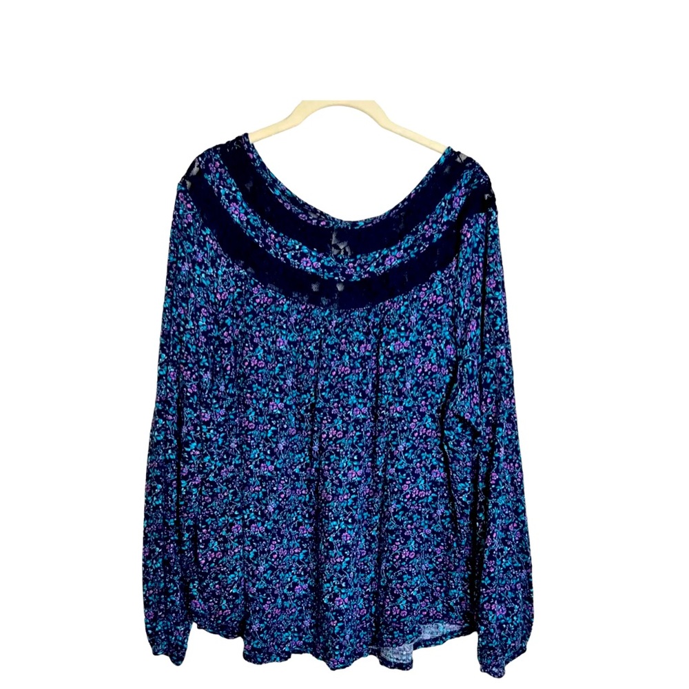 Faded Glory Peasant Blouse XL 16/18 Blue Sapphire Knit Top Floral Lace Accents